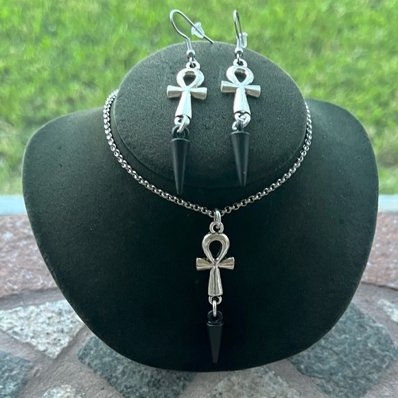 Ankh set dangky black spikes stainless steel chain adjustable boho goth silver - Picture 11 of 12